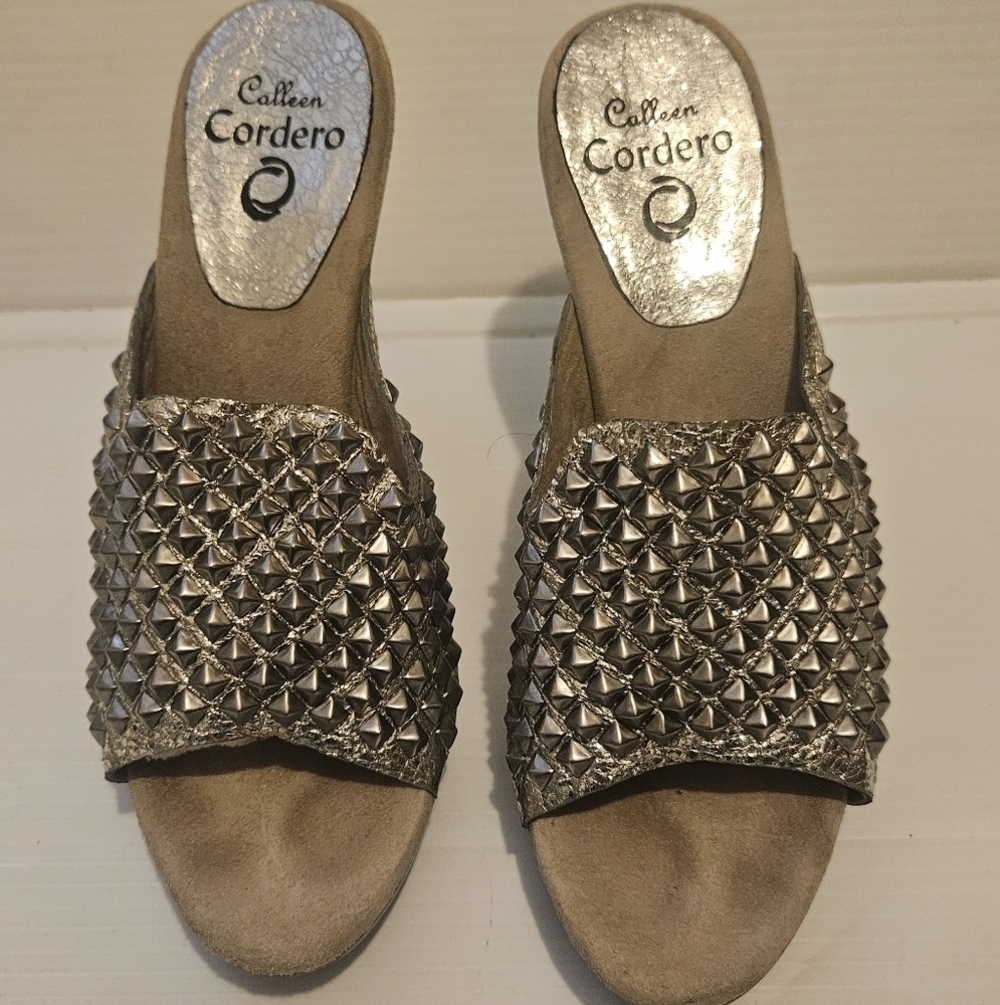 Rare Calleen Cordero Studded Metallic Leather Mule Heelshandcrafted In